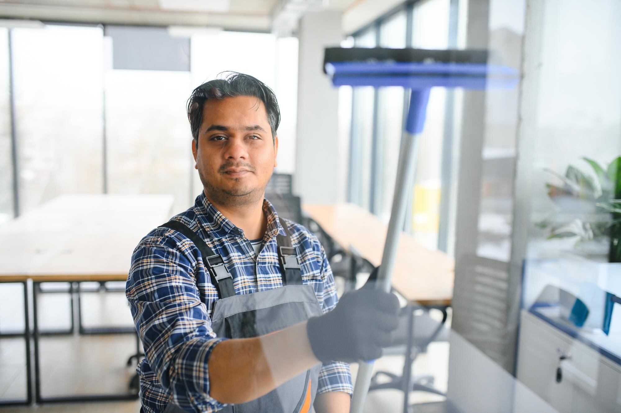 male professional cleaning service worker cleans windows shop windows store with special equipment 2